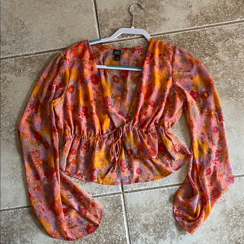 Chic Floral Wrap Blouse - Pink and Orange